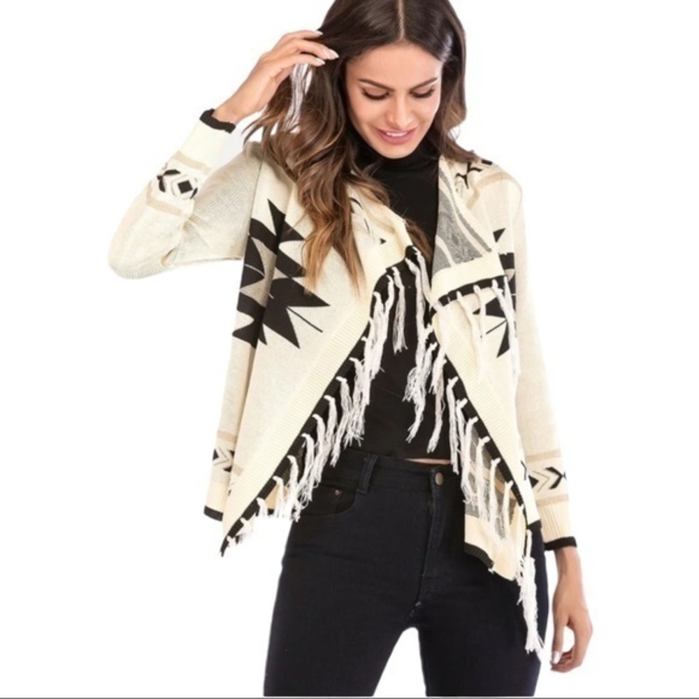 TOBI Aztec Frill Fringe Wrap Vintage Ethnic Poncho Knitted Boho Cardigan